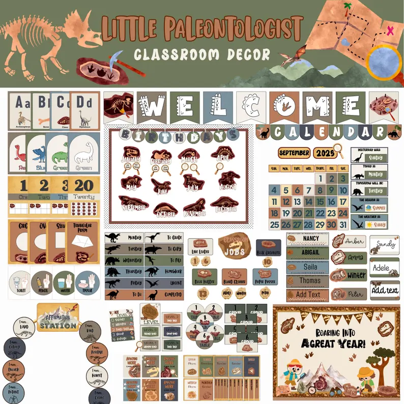 Editable Boho Dinosaur Classroom Decor Mega Bundle | Little Paleontologist Theme