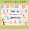 Bulletin board decoration featuring vibrant surfing graphics and coastal themes.