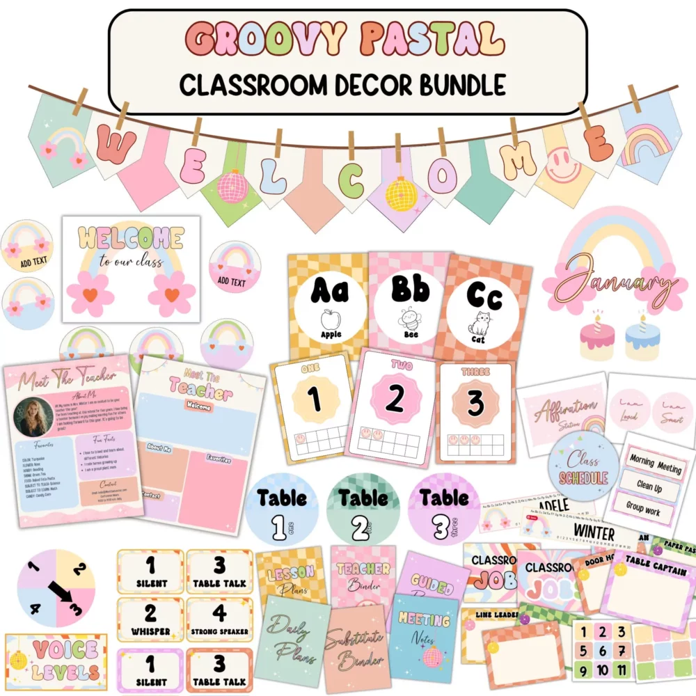 Editable Retro Groovy Classroom Decor, Pastel 70s Theme Bundle for Teacher, Daisy & Smiley Face Posters Bulletin Board Kit, Instant Download