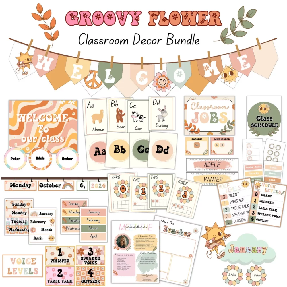 Editable Groovy Flowers Classroom Decor, 70s Retro Floral Theme for Teacher, Daisy & Flower Power Posters, Vintage Bulletin Board Kit