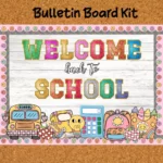 A classroom bulletin board with a printable glitter effect saying 'Ready to Shine' for back to school in August.