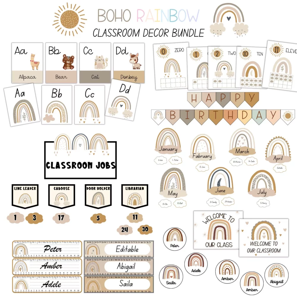 Editable Boho Rainbow Classroom Decor Bundle, Muted Neutral Theme for Teacher, Modern Posters & Bulletin Board Kit, Instant Download