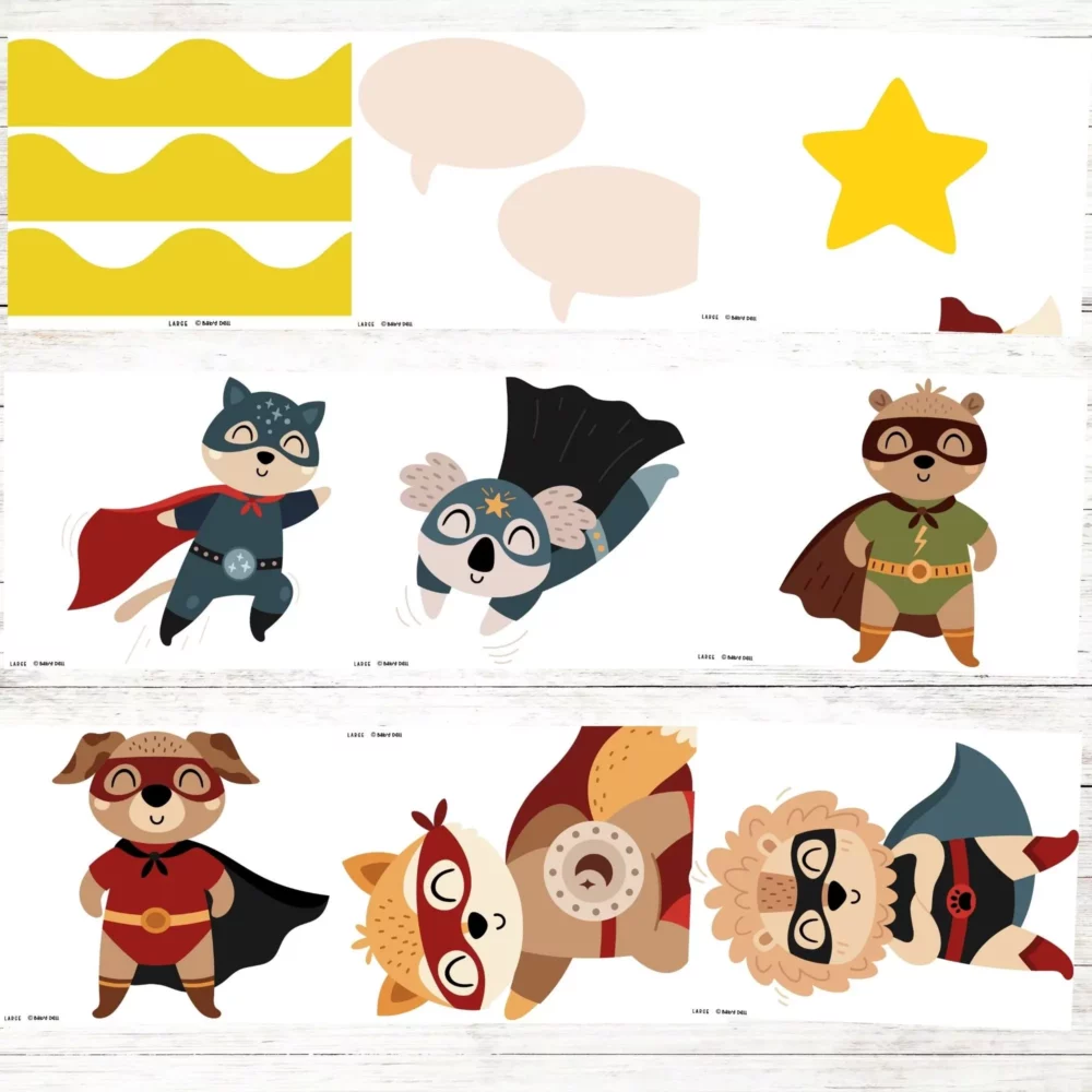 Colorful superhero-themed bulletin board kit for classroom decoration