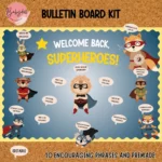 Colorful superhero-themed bulletin board kit for back-to-school decorating.