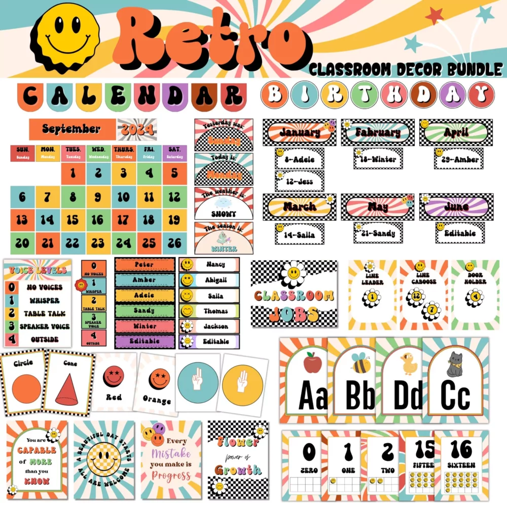 Printable Groovy Retro Classroom Decor, 70s Vintage Classroom Theme, Boho Classroom Posters and Bulletin Board Bundle for Elementary School