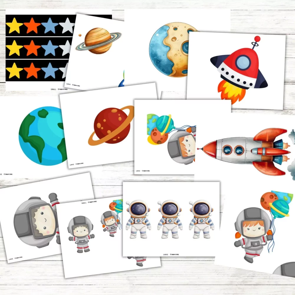 Colorful outer space bulletin board decoration for classrooms.