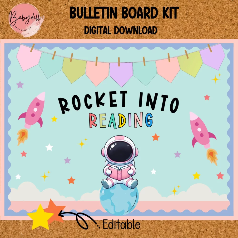 Pastel Space Bulletin Board & Door Decor | Retro Rocket Classroom Theme