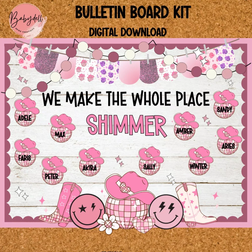 Groovy 70s-themed bulletin board kit with colorful elements and editable door decor.