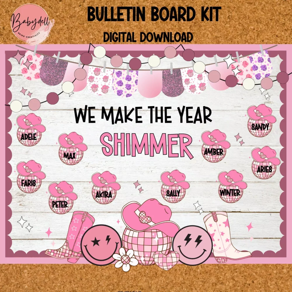 Colorful 70s-themed classroom bulletin board kit with editable retro door decor.