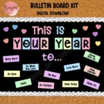 Colorful bulletin board featuring health-themed illustrations and editable sections for nurses and health classes.