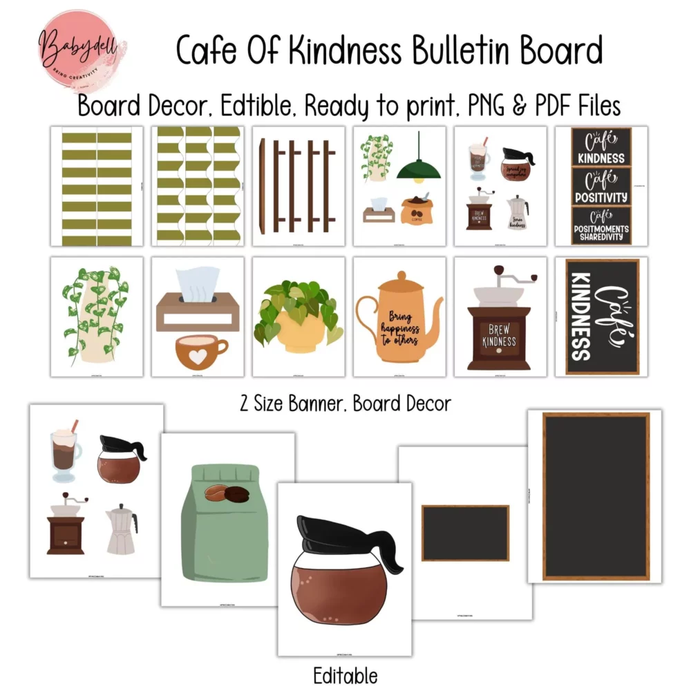 "Editable bulletin board decor featuring coffee shop theme and kindness messages"