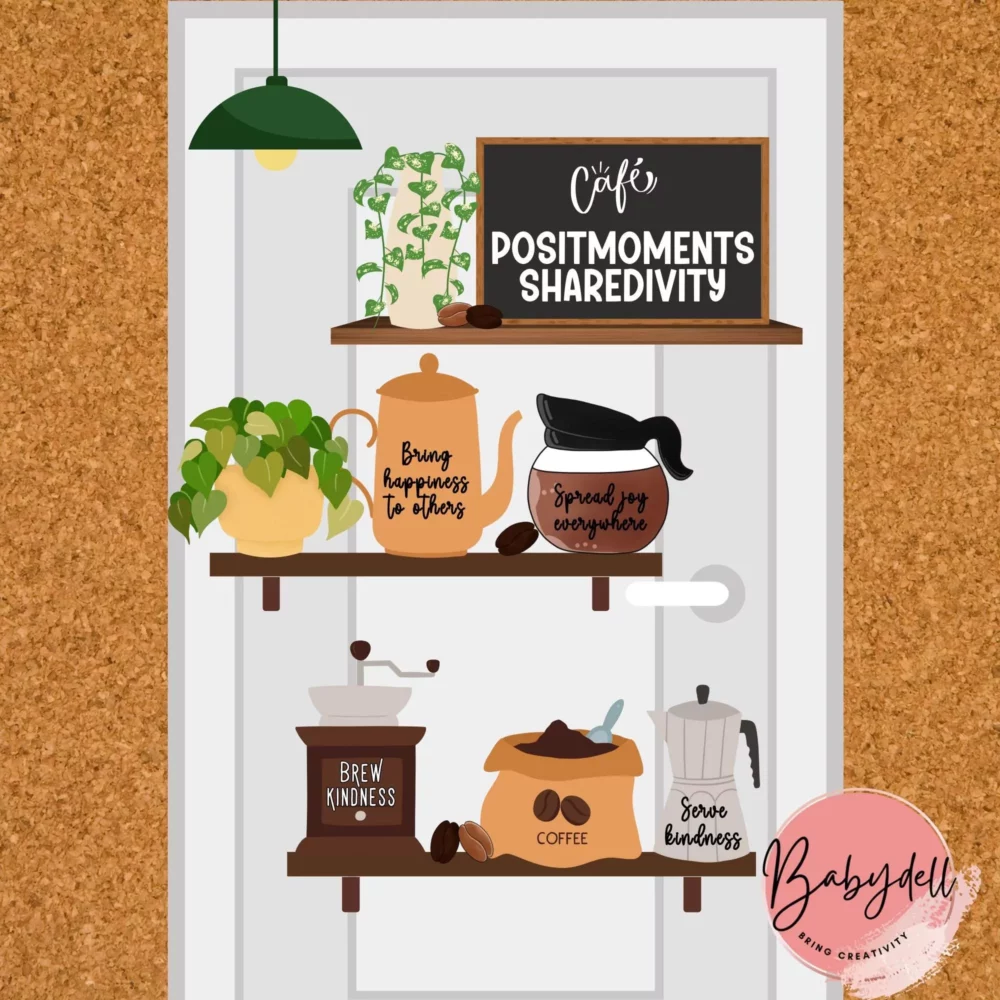 Editable bulletin board featuring a coffee shop theme with a kindness message for classroom decor.