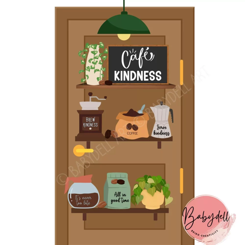 "Editable coffee shop bulletin board featuring kindness messages for classroom decor"
