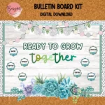 Editable Boho succulent decor kit for classroom bulletin board featuring "Watch Us Grow" theme.