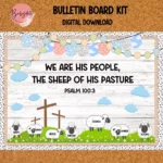 Colorful bulletin board kit featuring a sheep theme for church decor.