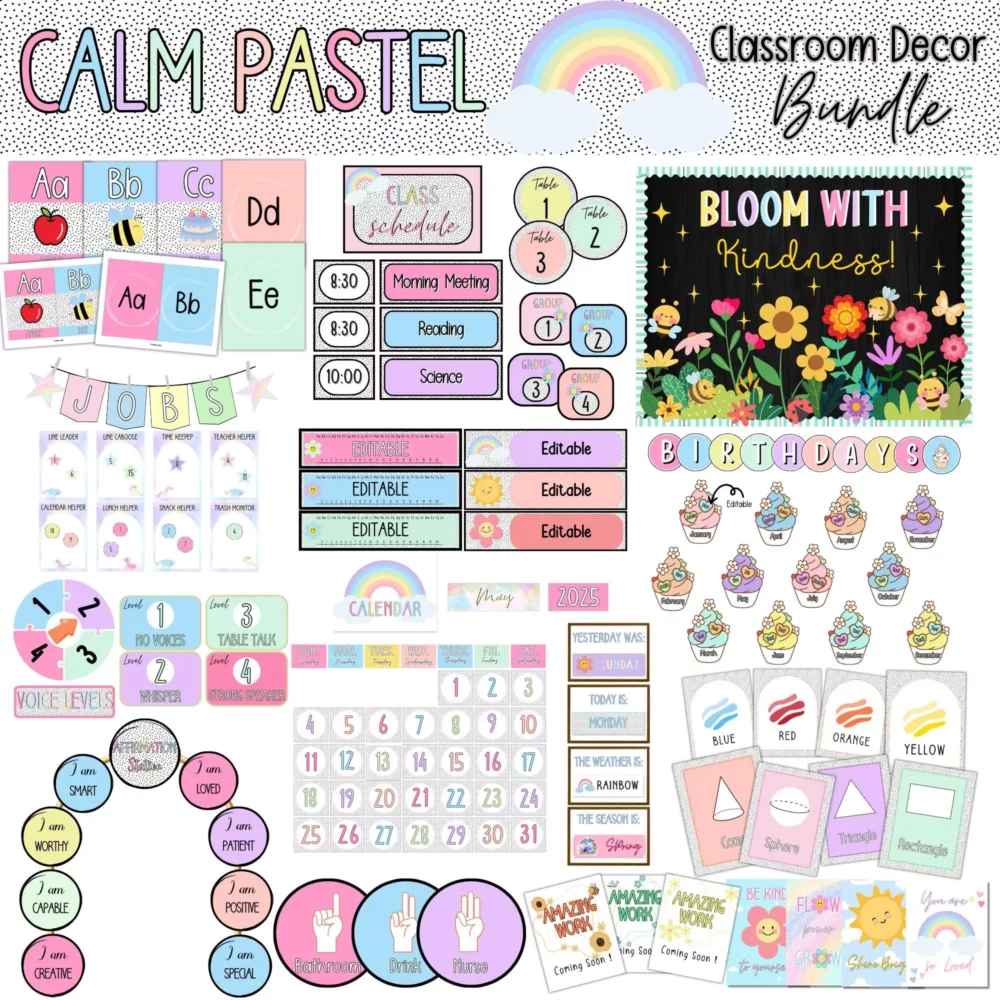Pastel Classroom Decor Bundle & Editable Labels, Calm Colors Classroom Theme, Printable Boho Teacher Resource, Digital Download