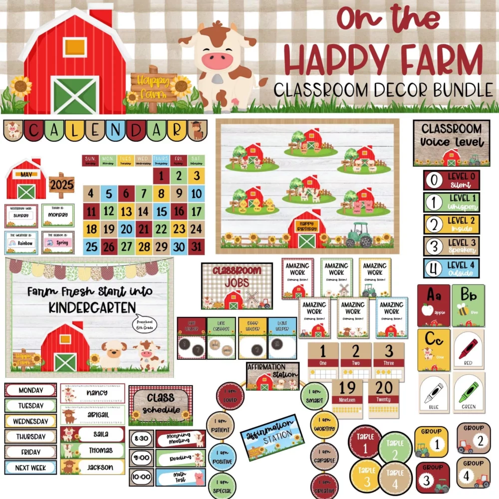 Editable Farm Classroom Decor Bundle | Happy Farm Theme for PreK-2nd Grade, Printable Posters & Bulletin Board, Back to School Classroom Kit
