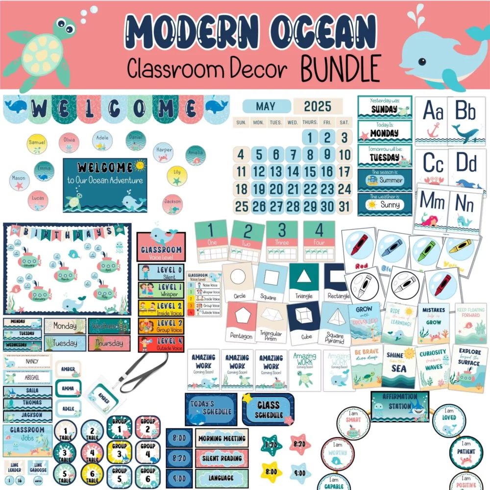 Modern Ocean Classroom Decor Bundle, Under the Sea Theme for Homeschool, Editable Bulletin Board Posters, Calm Coastal Printable Teacher Kit