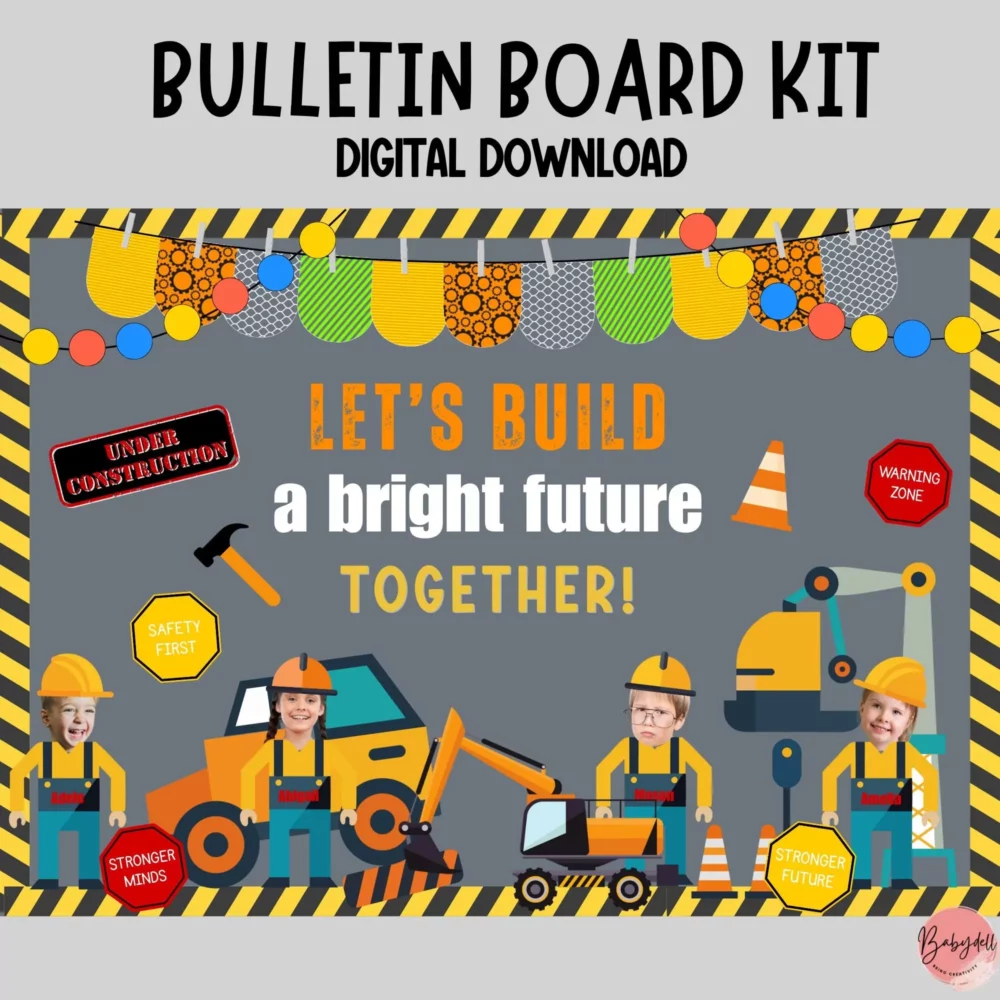 Colorful editable construction-themed bulletin board kit for classroom decoration.