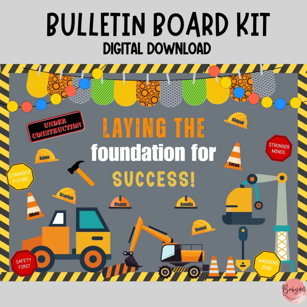 "Editable construction-themed bulletin board kit with colorful graphics for back to school."