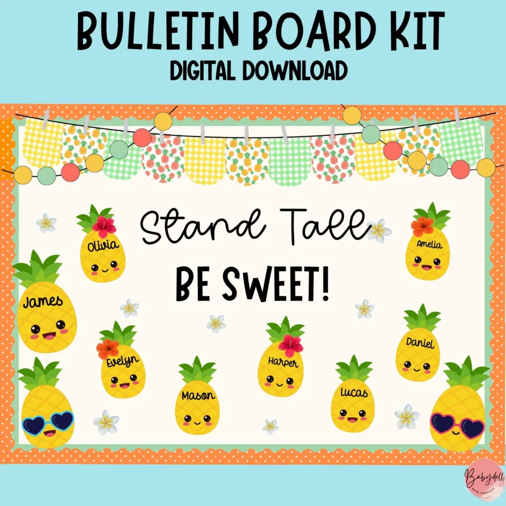 Colorful pineapple-themed bulletin board kit for classroom decoration.