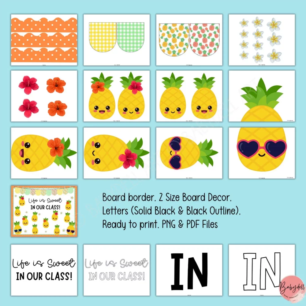 Colorful editable pineapple bulletin board kit for classroom decoration.