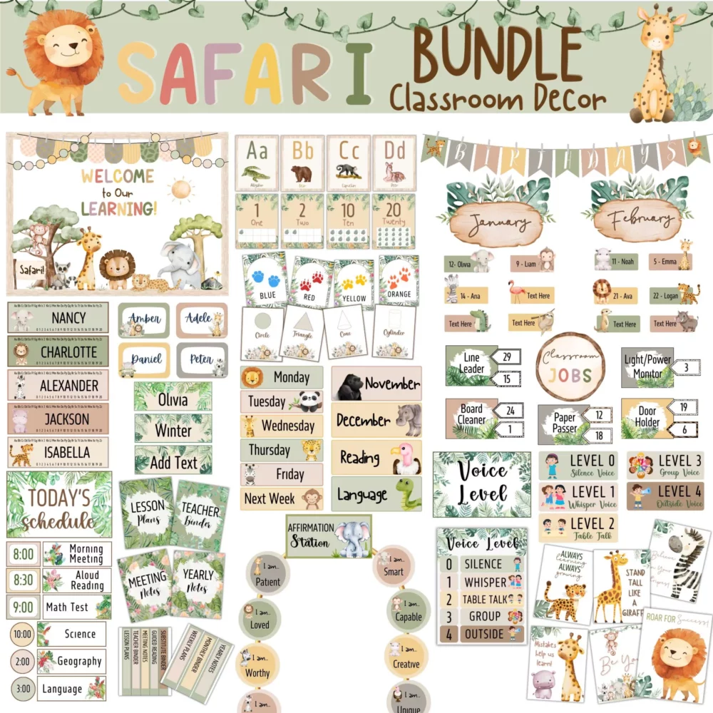 Safari Classroom Decor Bundle, Modern Nature Theme with Neutral Animal Prints, Boho Classroom Setup Kit, Digital Download