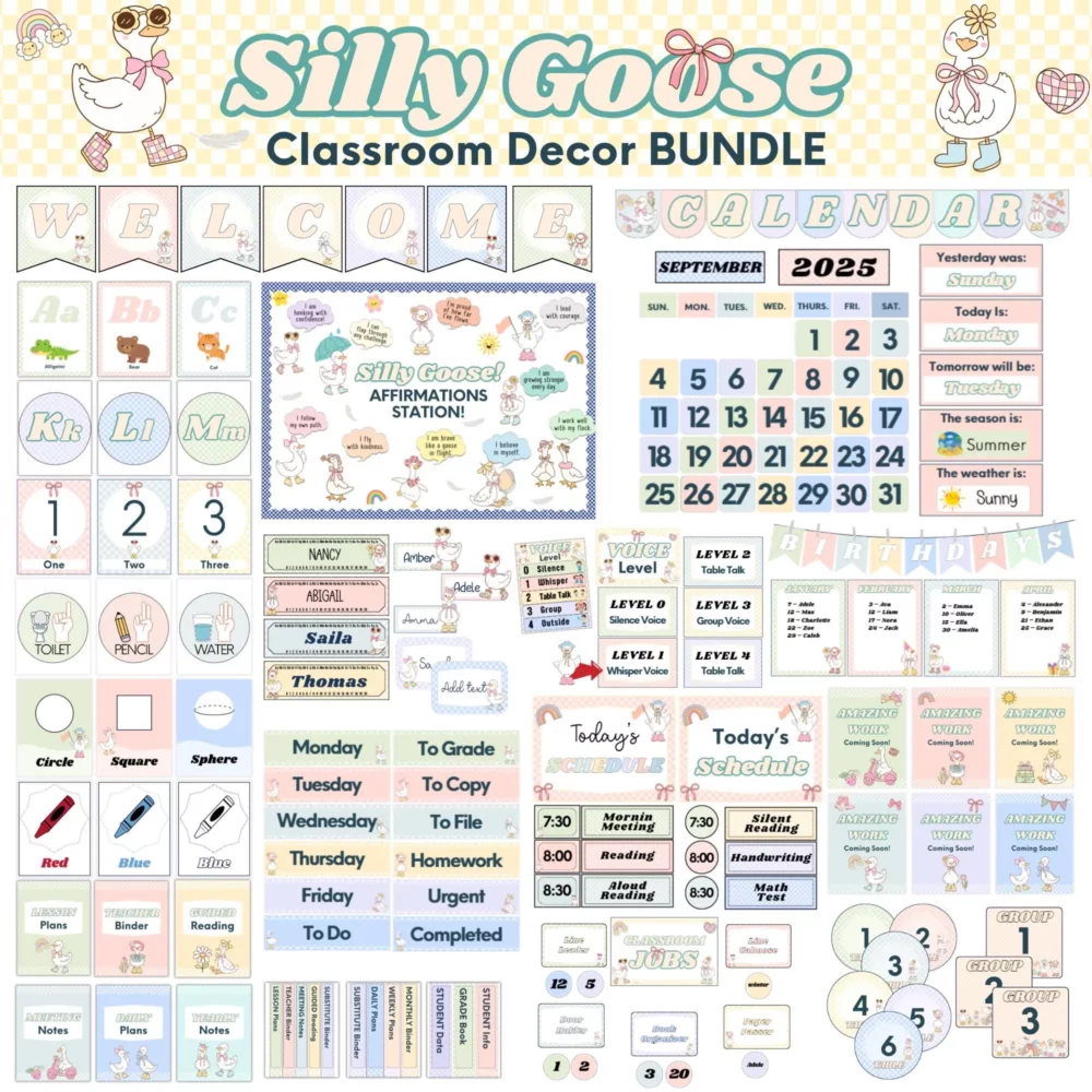 Groovy Pastel Classroom Decor Bundle,Editable Silly Goose Theme, Retro Bulletin Board & Posters for Homeschool, Boho Classroom Printable Art