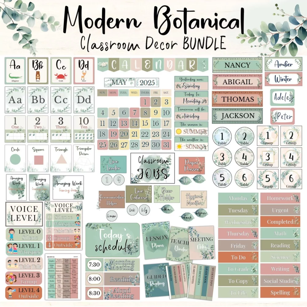 Modern Eucalyptus Wall Art, Calm Botanical Classroom Decor, Neutral Homeschool & Nursery Printables, Editable Teacher Resource Bundle