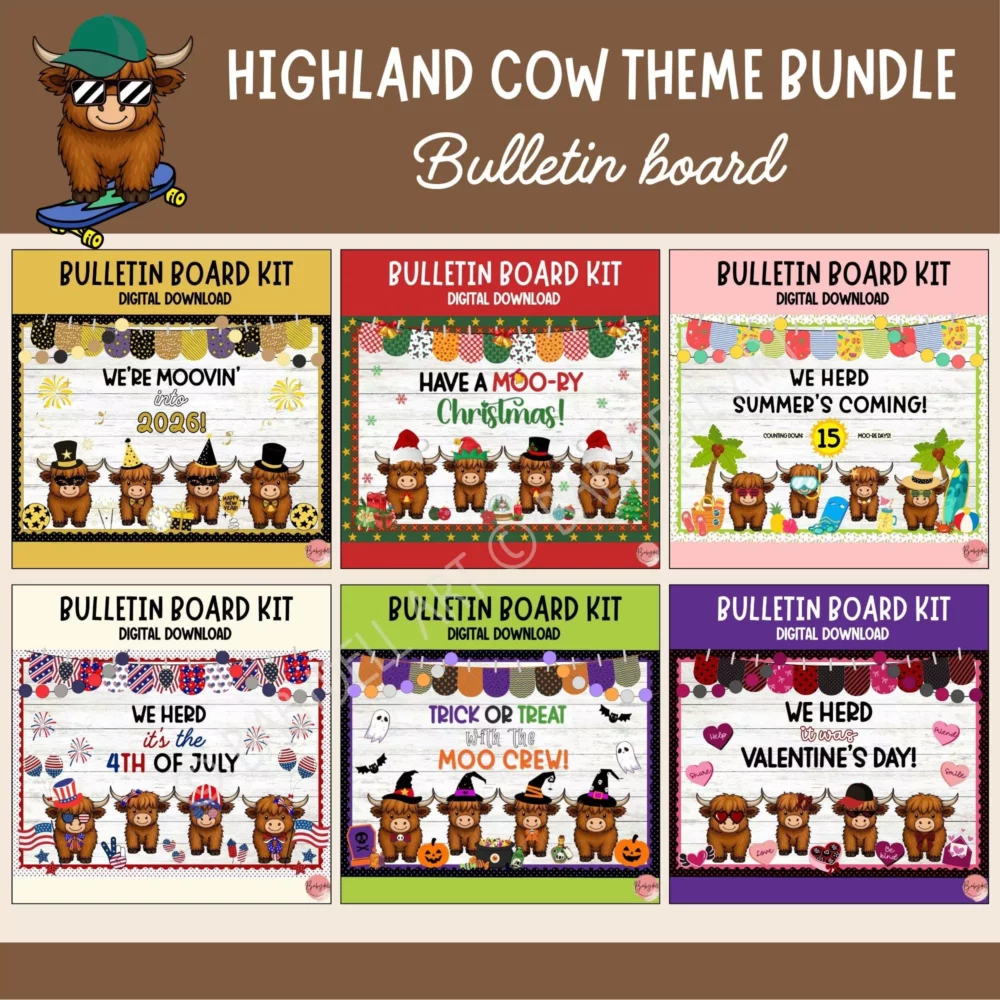 Highland Cow Holiday Door Decor and Year Long Bulletin Board Bundle, Printable Classroom Theme for Teachers, Digital Download