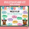 Editable Highland Cow bulletin board decor for farmhouse-themed classrooms.