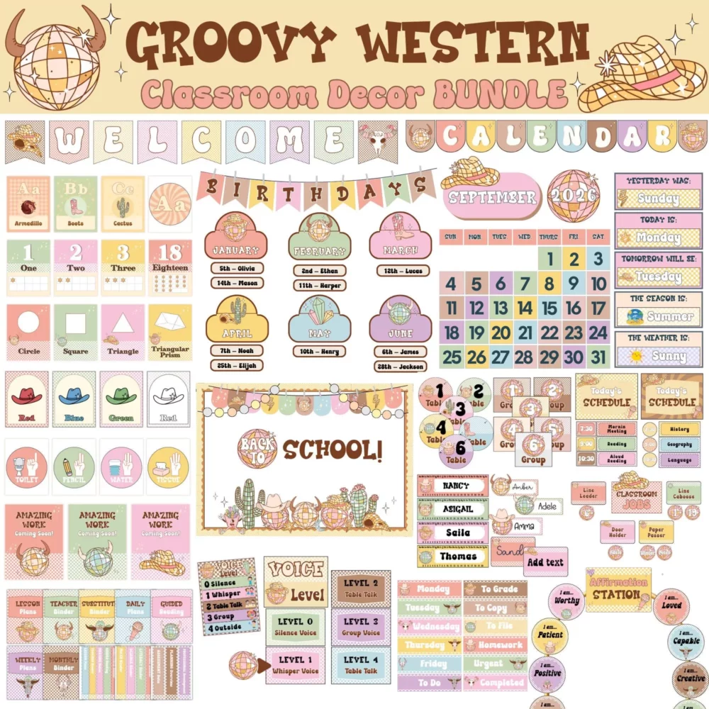 Groovy Western Classroom Decor Bundle, Retro Pastel Disco Cowgirl Theme, Editable Howdy 70s Vibe, Boho Classroom Printable Bulletin Board