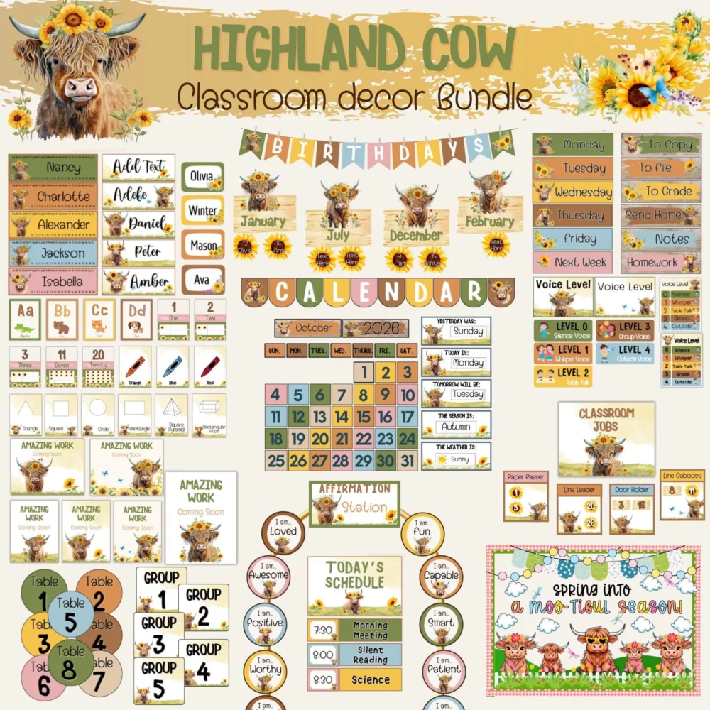 Highland Cow Nursery Decor, Modern Farmhouse Classroom Wall Art, Editable Teacher Posters, Calm Neutral Homeschool & Kids Room Bundle