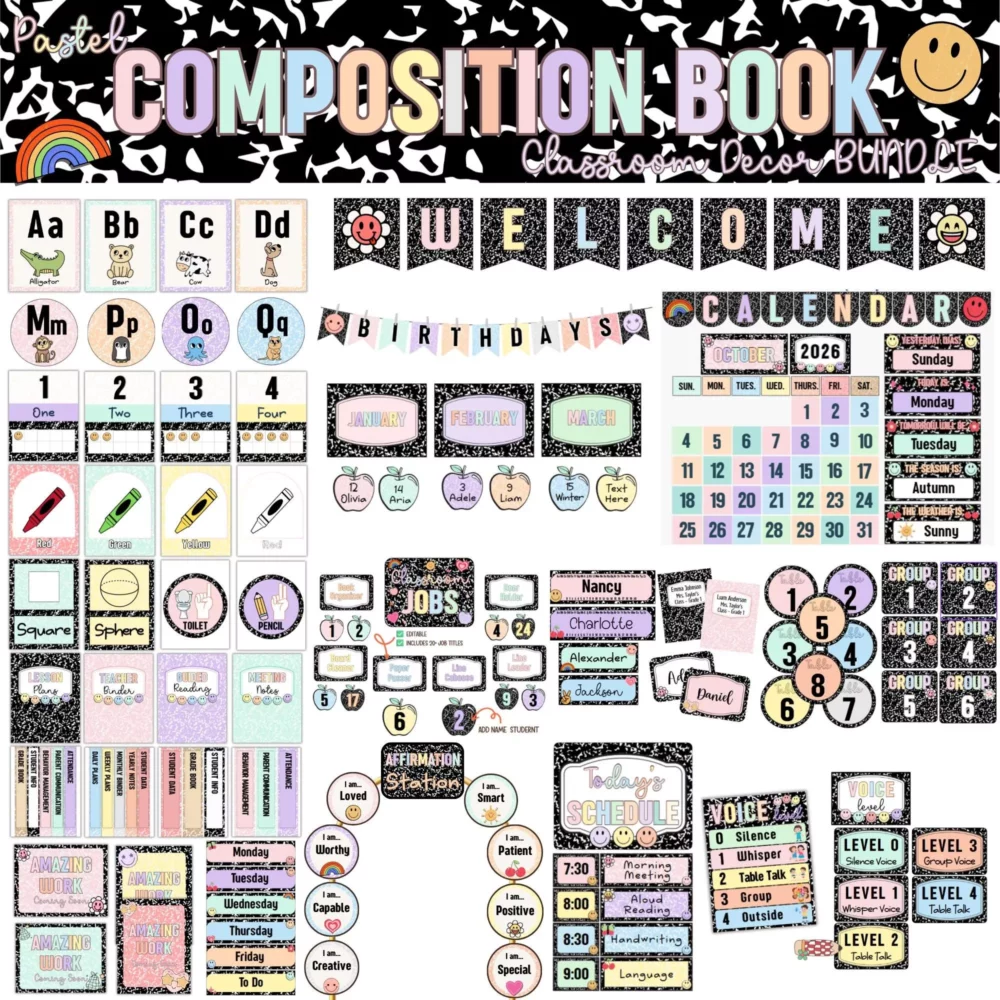 Composition Notebook Decor, Pastel Classroom Bundle, Editable Homeschool Posters, Retro 90s & Preppy Aesthetic Wall Art for Teen Girl Room