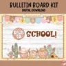 Editable Western-themed bulletin board kit featuring cowboy designs and vibrant colors.