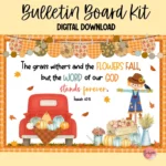 Christian-themed fall bulletin board kit featuring a red truck and pumpkins with a Bible verse.