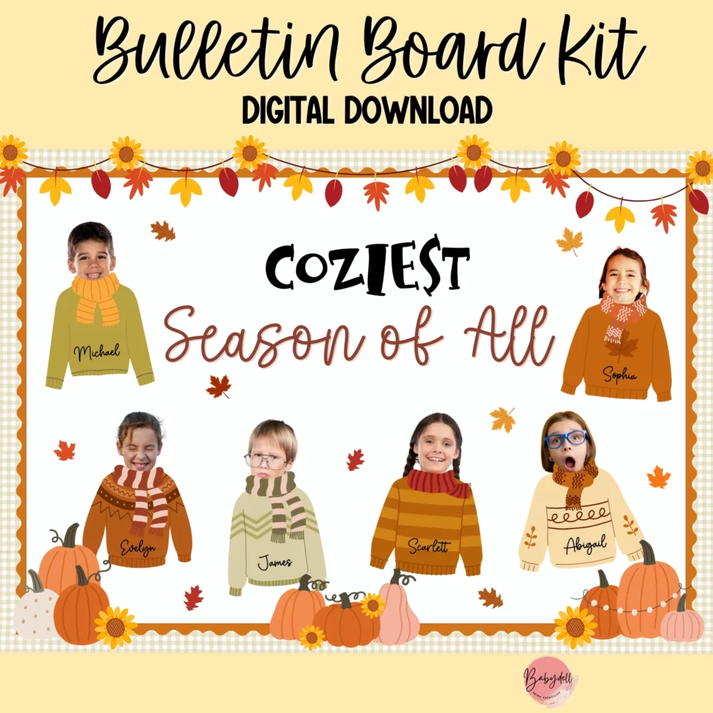 Editable fall-themed classroom bulletin board kit featuring cozy sweater graphics.