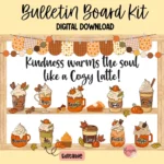 Fall-themed bulletin board kit featuring a cup of kindness design, ideal for staff lounges and classrooms