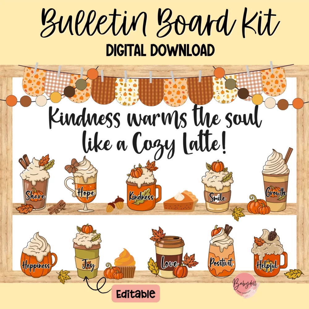 Cup of Kindness Bulletin Board Kit | Cozy Fall Decor for Staff Lounge & Teacher Morale