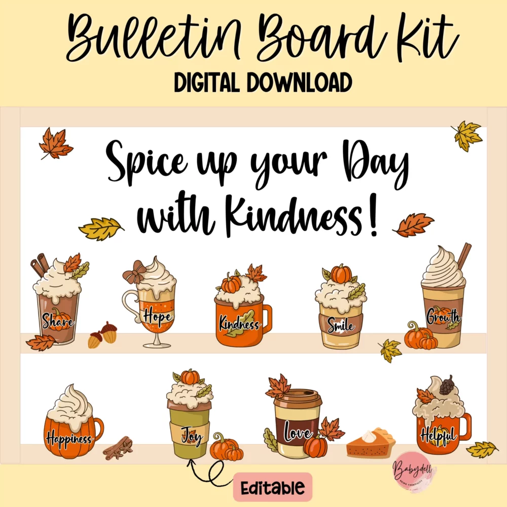 Colorful bulletin board display featuring a "Cup of Kindness" theme with autumn leaves and cozy designs.