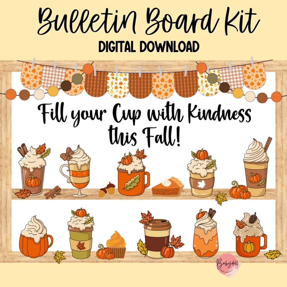 Autumn-themed bulletin board kit featuring a cozy cup of kindness design suitable for staff lounge decor.
