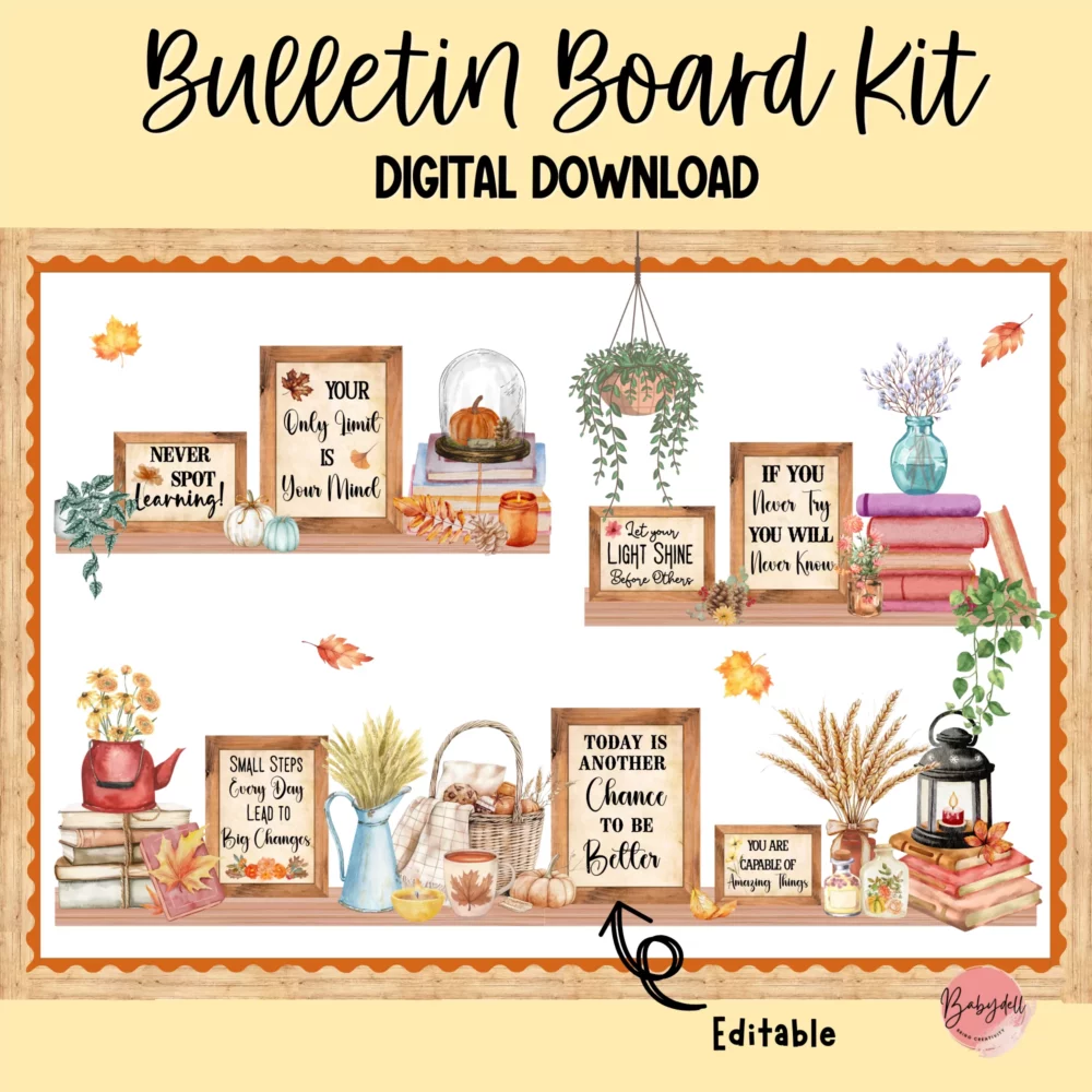 Growth Mindset Fall Bulletin Board Kit | Editable Bookshelf Classroom Decor