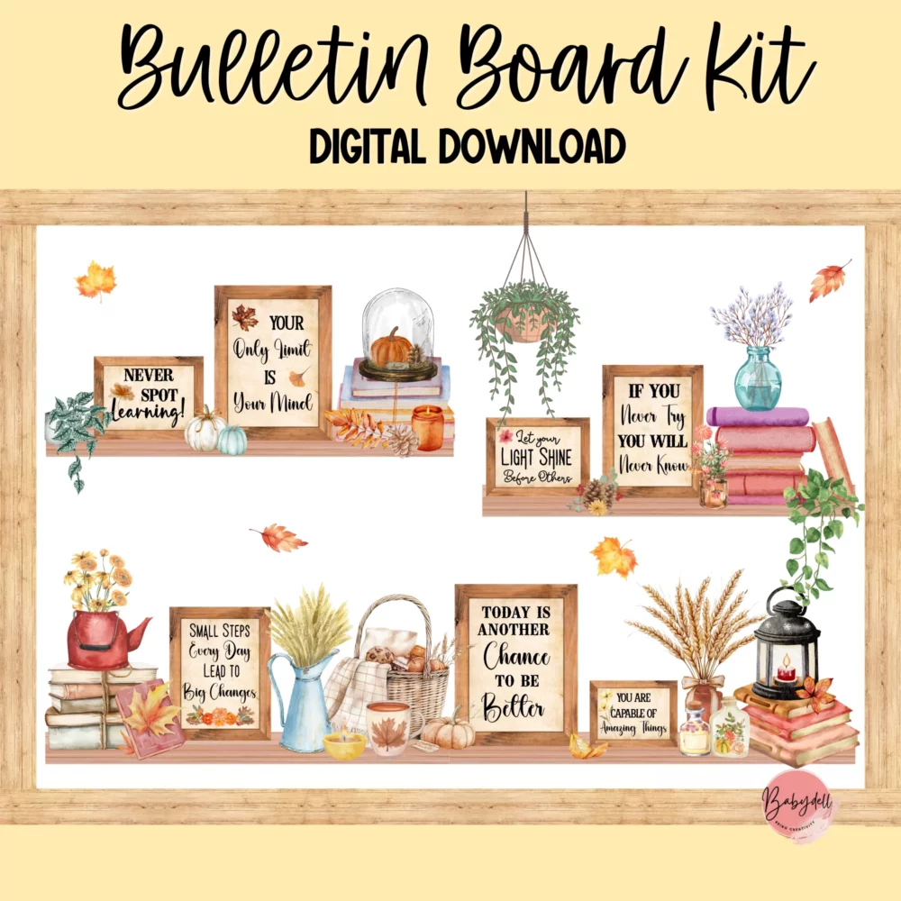 Fall-themed bulletin board kit featuring a growth mindset bookshelf for classroom decor.
