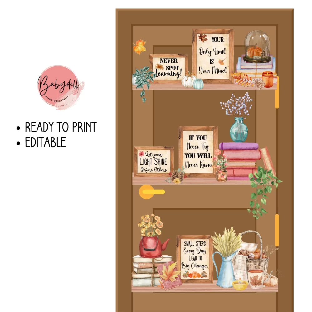 Fall-themed bulletin board kit featuring editable bookshelf decor for classrooms.