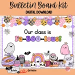 Editable pastel Halloween bulletin board kit featuring cute ghost designs for classroom decoration.
