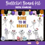 Colorful editable skeleton bulletin board kit for Halloween classroom decor.