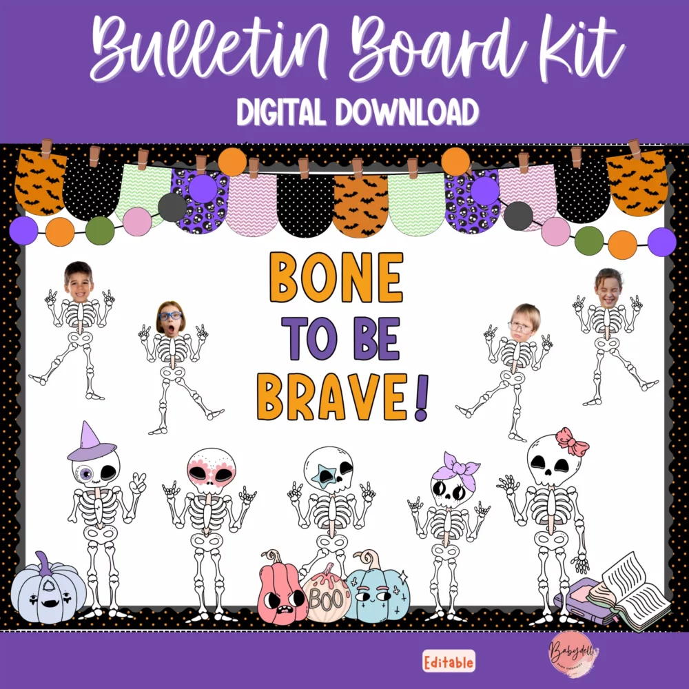 Spooky Cute Skeleton Bulletin Board Kit | Editable Halloween Classroom Decor