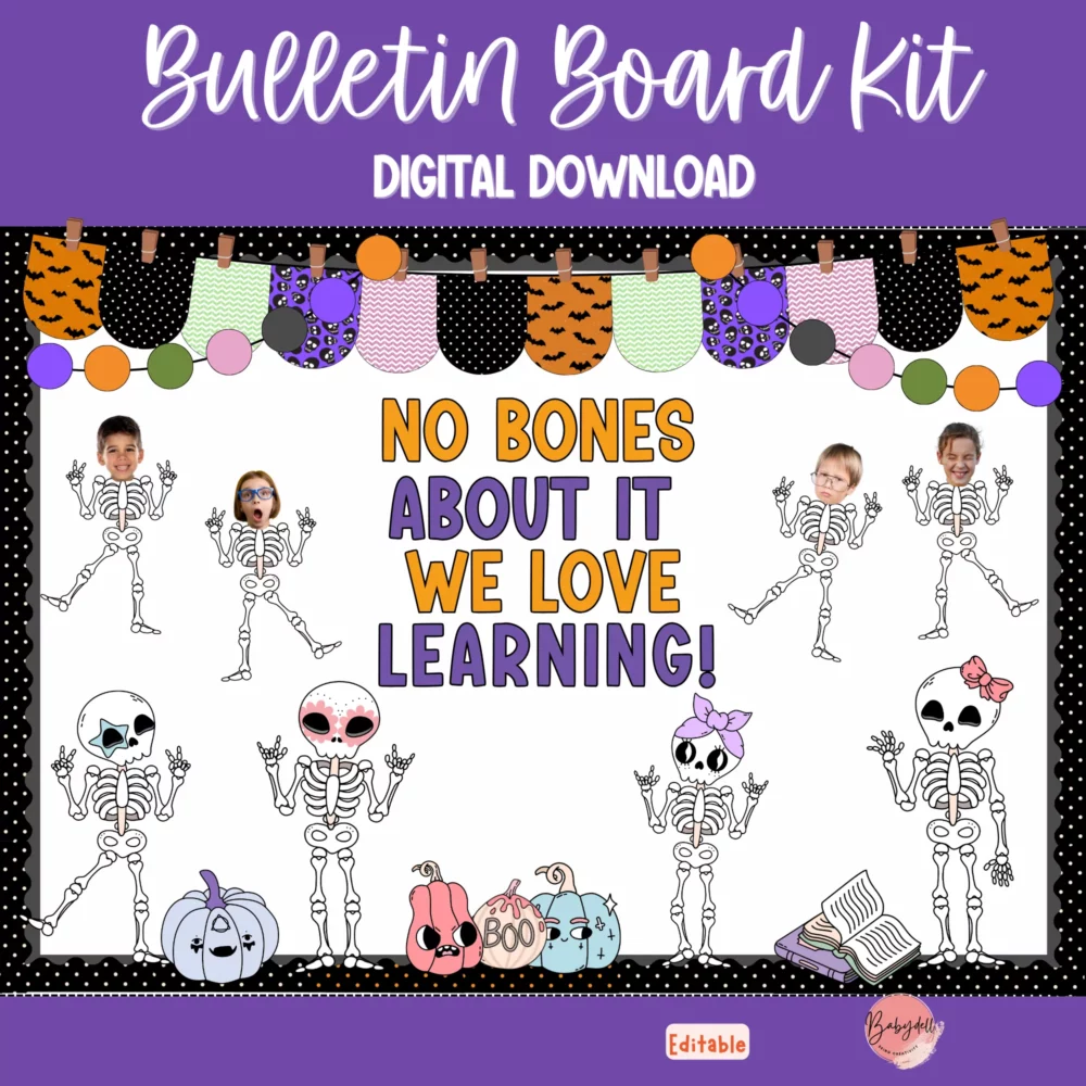 Colorful spooky skeleton themed bulletin board kit for Halloween classroom decor.