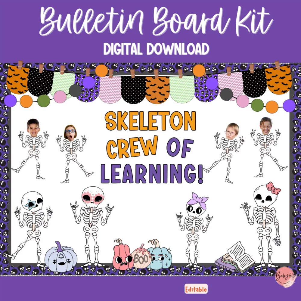 Colorful Halloween-themed skeleton bulletin board kit for classroom decoration.