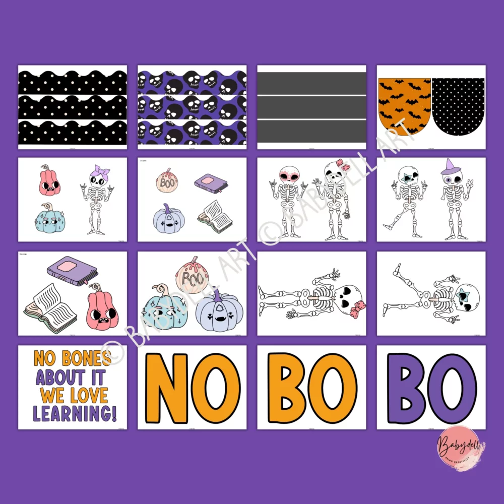 Editable skeleton bulletin board kit for Halloween classroom decor.